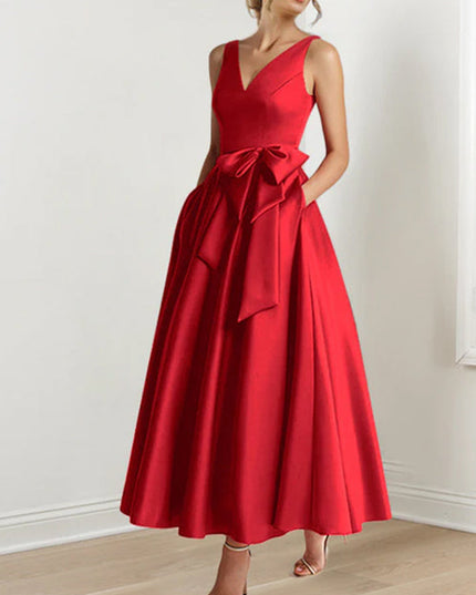 Red sleeveless A-line satin maxi dress with V-neck and bow waist detail