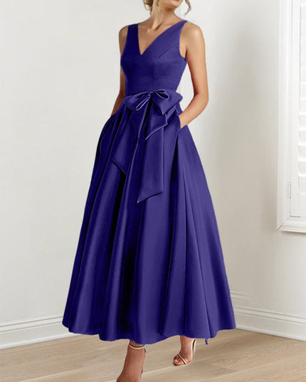 Deep purple sleeveless A-line satin maxi dress with V-neck and tie waist