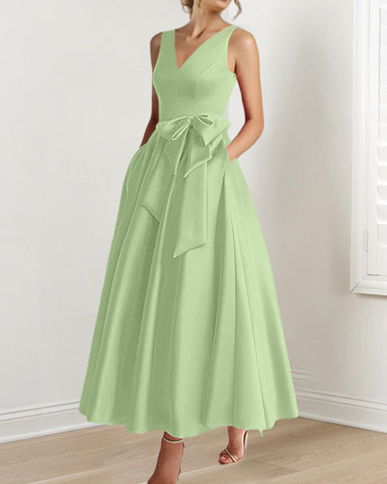 Sage green sleeveless A-line satin maxi dress with V-neck and bow detail