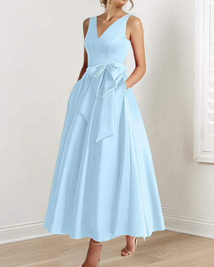 Light blue sleeveless A-line satin maxi dress with V-neck and waist bow