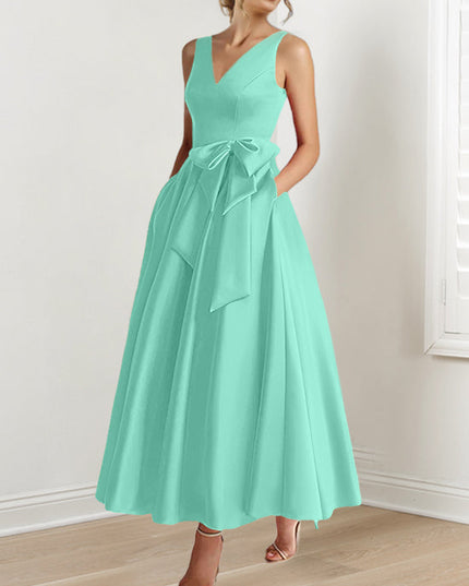 Mint green sleeveless A-line satin maxi dress with V-neck and ribbon tie