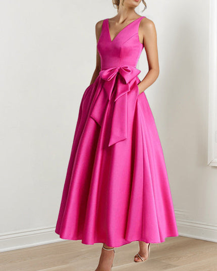 Magenta sleeveless A-line satin maxi dress with V-neck and side bow