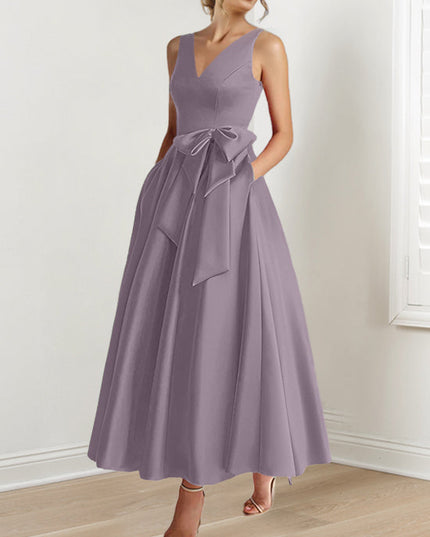 Dusty mauve sleeveless A-line satin maxi dress with V-neck and tie detail