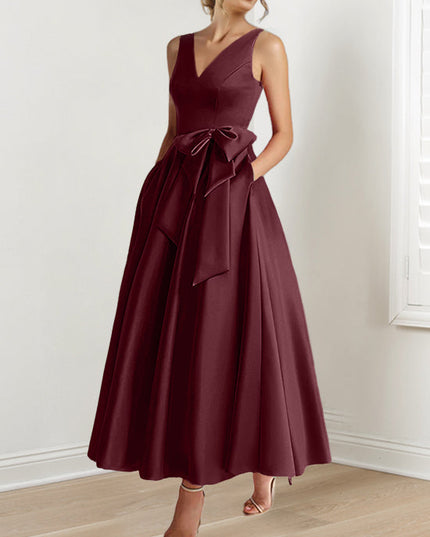 Burgundy sleeveless A-line satin maxi dress with V-neck and side bow