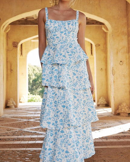 Blue floral maxi dress with square neckline and multiple layered ruffles