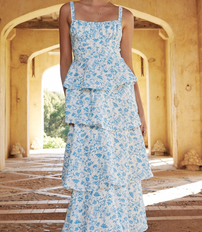 Blue floral maxi dress with square neckline and multiple layered ruffles
