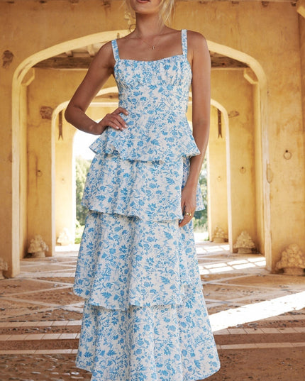 Blue floral maxi dress with tiered ruffled layers and square neckline
