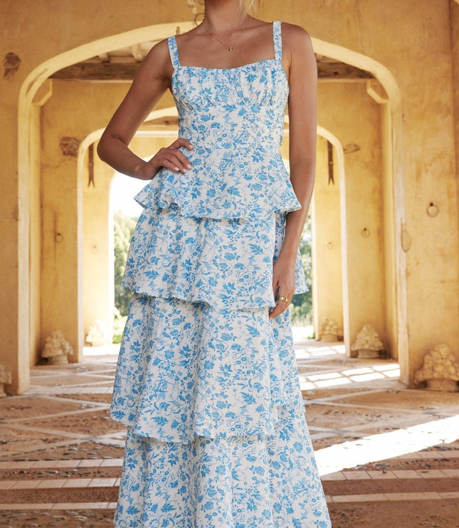 Blue floral maxi dress with tiered ruffled layers and square neckline