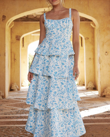 Blue floral maxi dress with tiered ruffle layers and square neckline