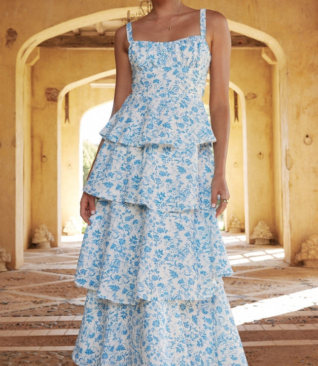 Blue floral maxi dress with tiered ruffle layers and square neckline