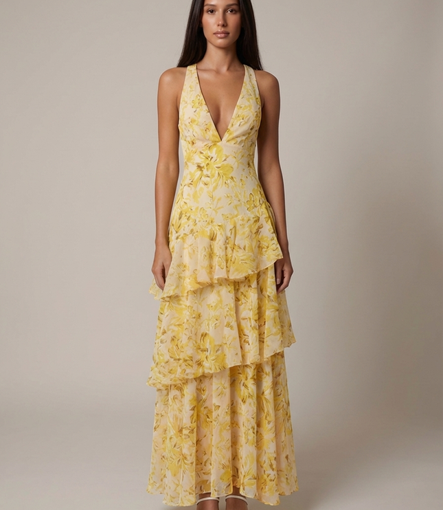 Vestido maxi floral de verano con cuello halter para invitada de boda mujer