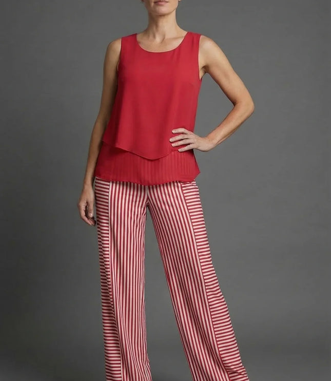 Red sleeveless top with red and white striped wide leg pants in a bold summer co ord set