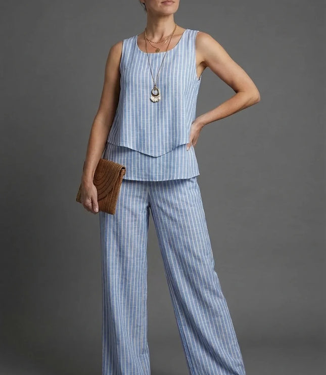 Blue striped sleeveless top with matching wide leg pants and woven clutch co ord set