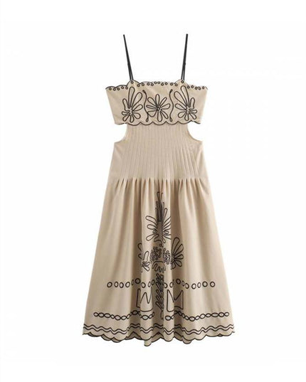 Front close-up of sleeveless floral midi dress with scalloped embroidered bodice and full skirt
