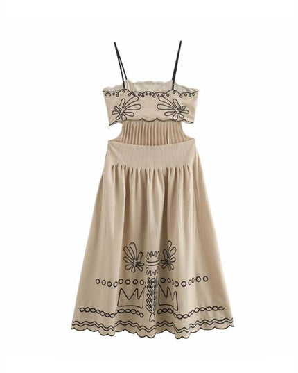 Back view of beige floral embroidered midi dress showing open back, pleats, and hem detail