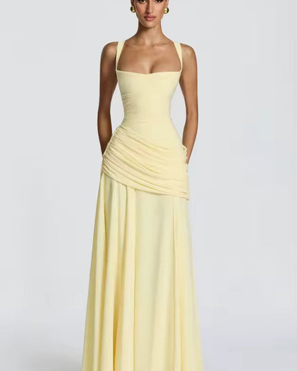 Pale yellow asymmetrical formal maxi dress with sweetheart neckline and draped waist