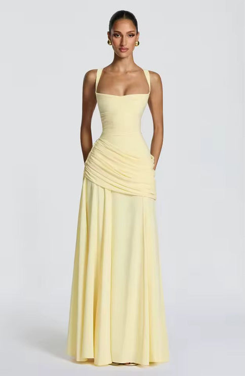 Pale yellow asymmetrical formal maxi dress with sweetheart neckline and draped waist