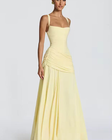 Light yellow formal maxi dress with square neckline and asymmetrical ruched bodice