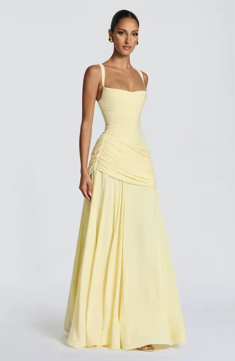 Light yellow formal maxi dress with square neckline and asymmetrical ruched bodice