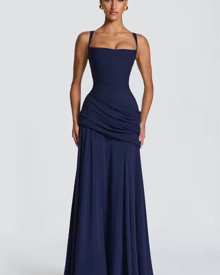 Navy blue formal sweetheart maxi dress with asymmetrical ruched waist detail