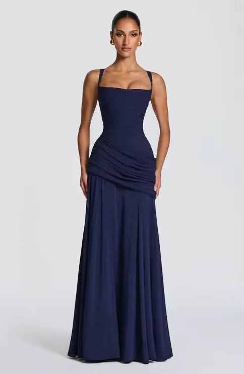 Navy blue formal sweetheart maxi dress with asymmetrical ruched waist detail
