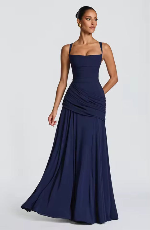 Navy formal maxi dress with square neckline and asymmetrical draped bodice