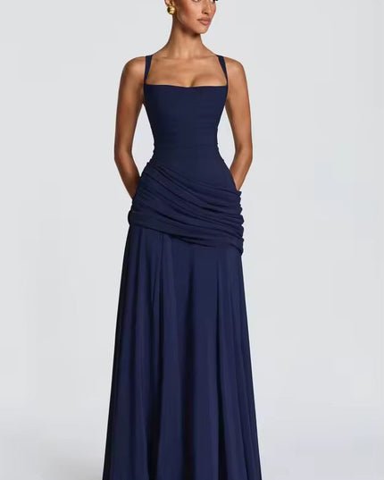 Dark navy formal maxi dress with sweetheart neckline and asymmetrical ruching