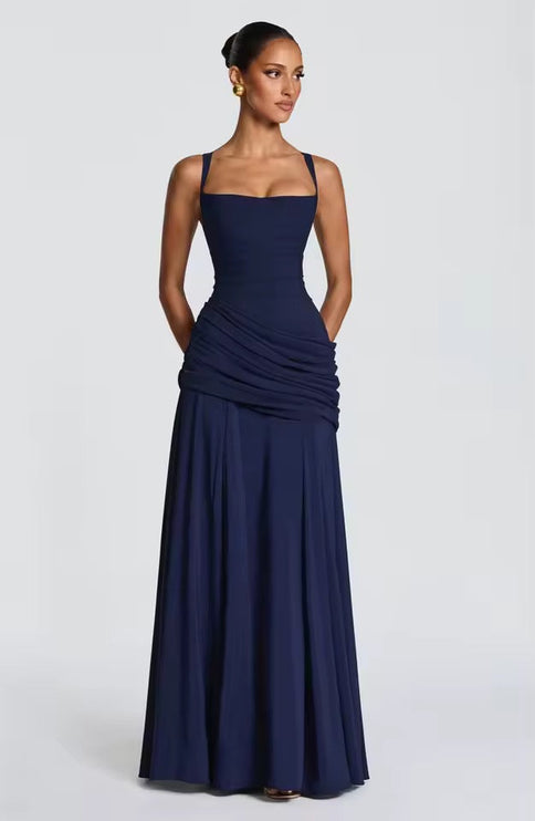 Dark navy formal maxi dress with sweetheart neckline and asymmetrical ruching