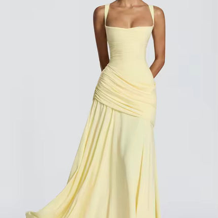 Yellow formal sweetheart maxi dress with asymmetrical ruched skirt and train