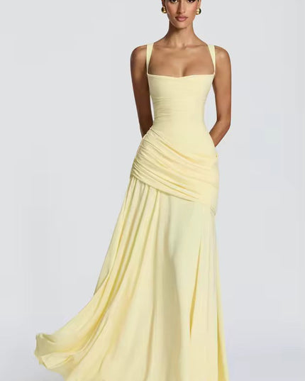 Yellow formal sweetheart maxi dress with asymmetrical ruched skirt and train