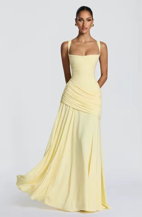 Yellow formal sweetheart maxi dress with asymmetrical ruched skirt and train