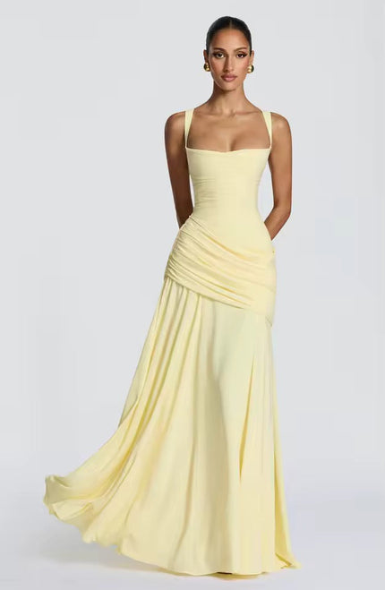 Yellow formal sweetheart maxi dress with asymmetrical ruched skirt and train