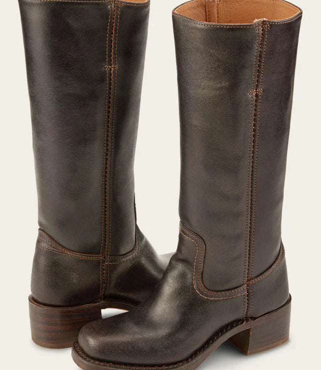 Women's Tall Boots with Stacked Block Heel and Stitched Seams