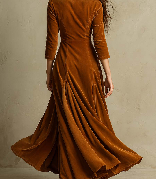 Women's Three-Quarter Sleeve Flared Velvet Dress