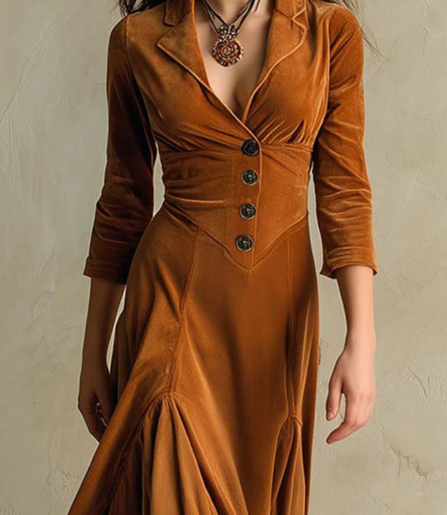 Women's Three-Quarter Sleeve Flared Velvet Dress
