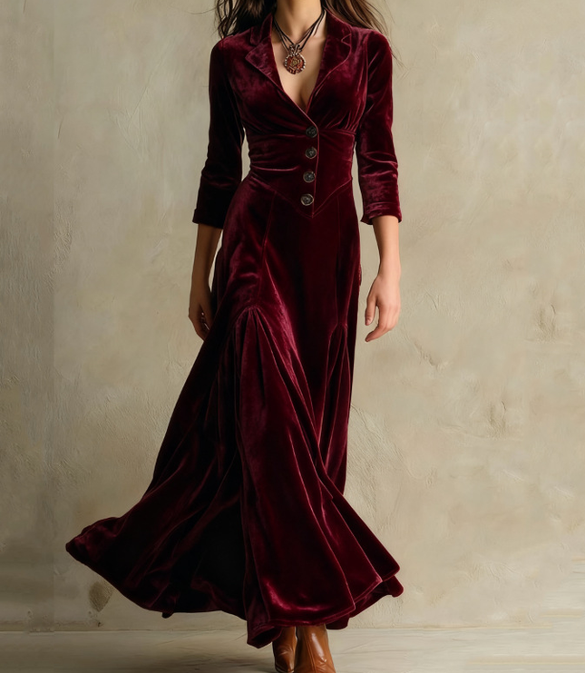 Women's Three-Quarter Sleeve Flared Velvet Dress