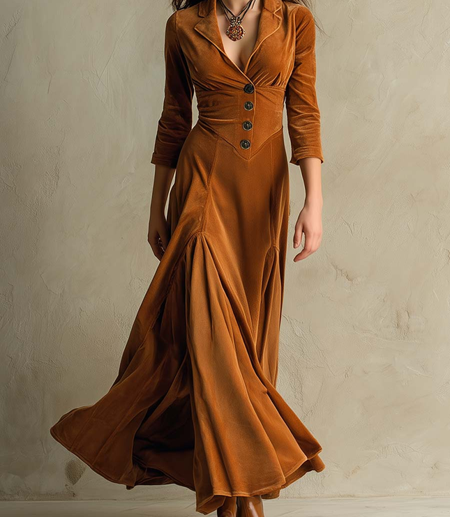 Women's Three-Quarter Sleeve Flared Velvet Dress