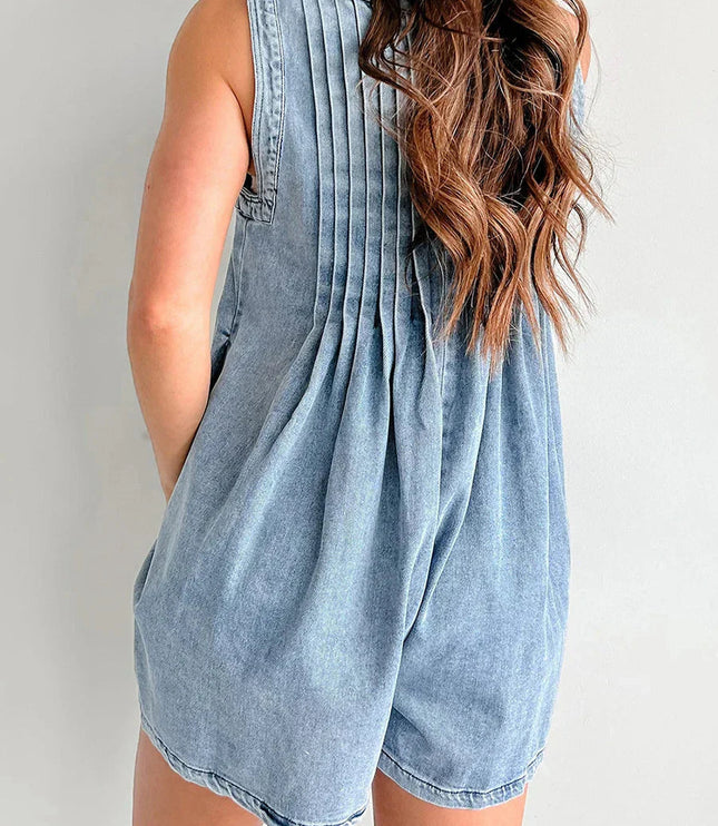 Back view of light wash denim dress with open back and pleats