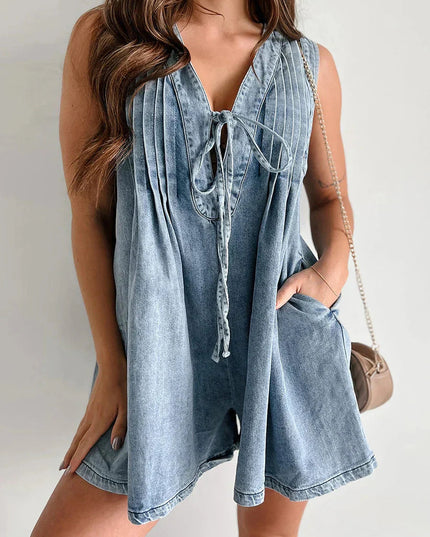 Blue denim tie front mini dress with v-neck and flared silhouette