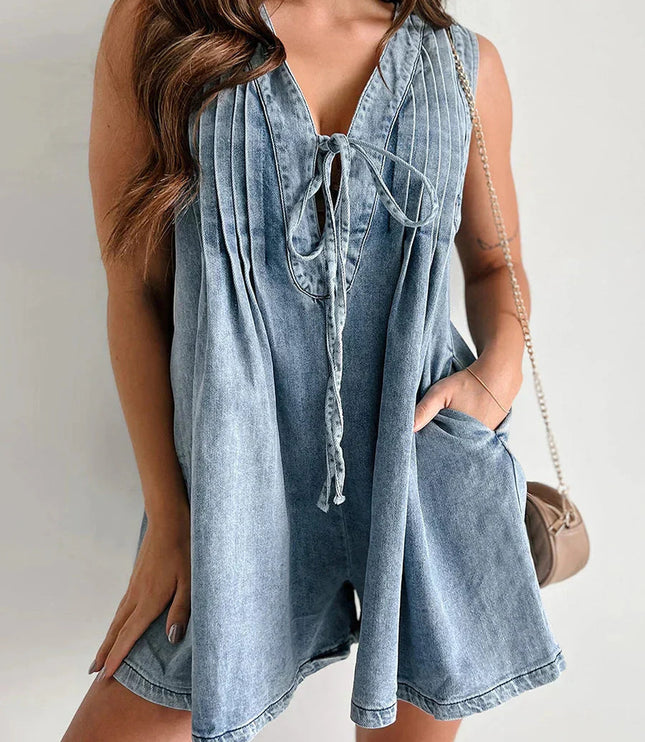 Blue denim tie front mini dress with v-neck and flared silhouette