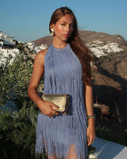 Women's Tiered Fringe Mini Party Dress with Halter Neck