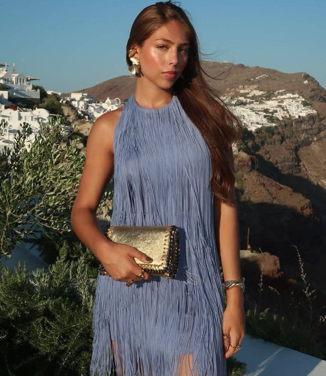 Women's Tiered Fringe Mini Party Dress with Halter Neck
