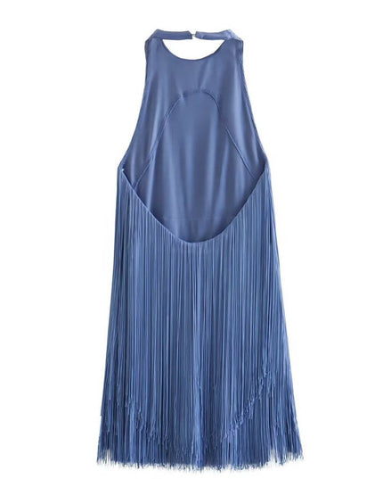 Women's Tiered Fringe Mini Party Dress with Halter Neck