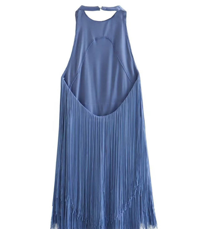 Women's Tiered Fringe Mini Party Dress with Halter Neck