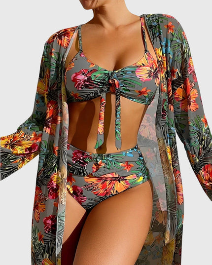 Gray tropical floral bikini set with ruched bikini top and high-waist bottoms with flowing cover-up