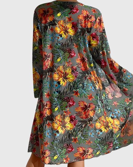 Gray tropical floral cover-up robe back view with long sleeves and A-line silhouette