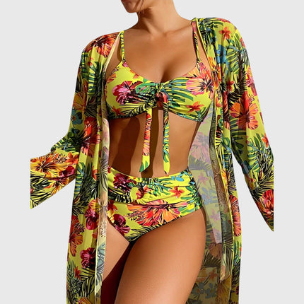 Yellow tropical floral bikini top with ruched center and matching high-waist bottoms with cover-up robe
