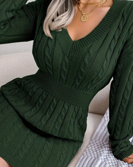 Renata | Women's Cable Knit Sweater Dress - Dark Green - Image 13