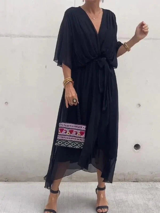 Navy blue chiffon midi dress with kimono sleeves and asymmetrical hem