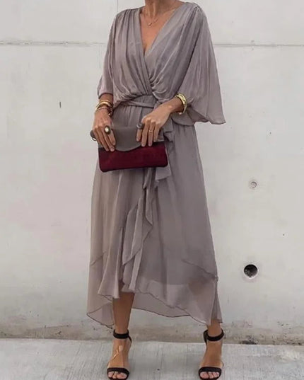 Taupe chiffon midi dress with v-neck and kimono sleeves, wrap waist detail